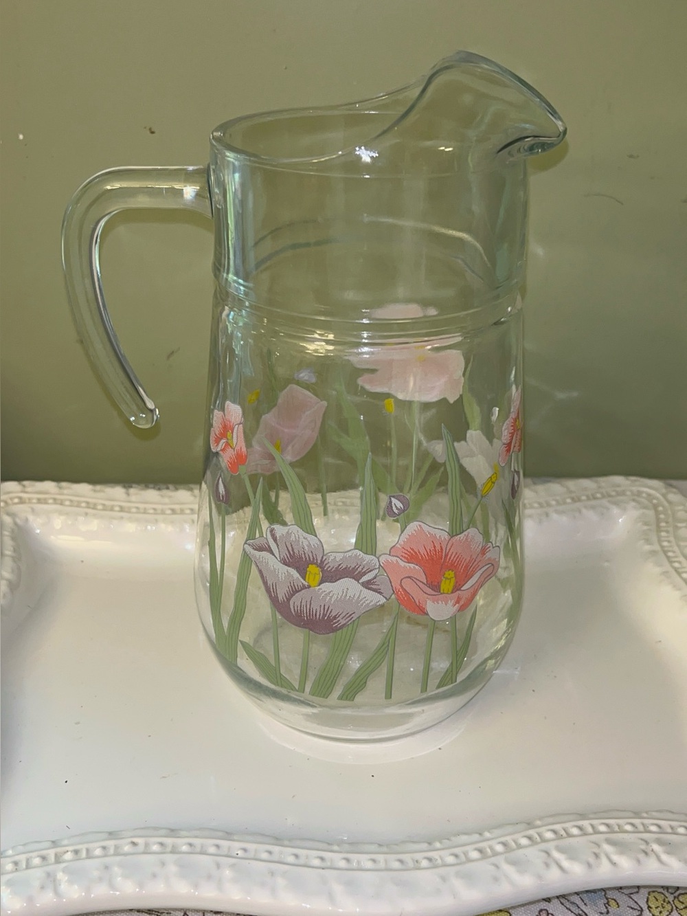 Pasabahce Circleware Poppy Floral glass pitcher-Vintage